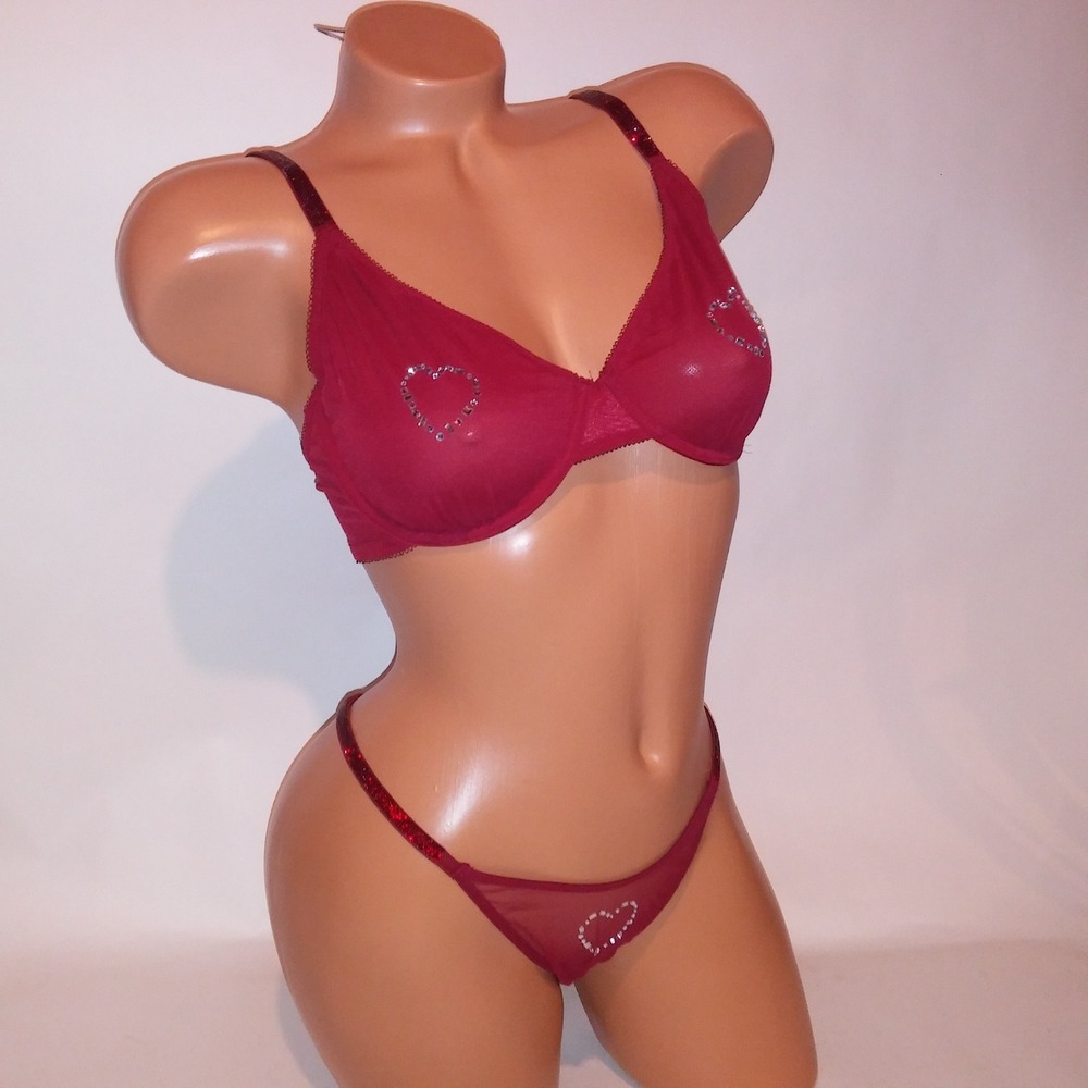 Victoria Secret Bra Set 34DD Unlined Demi Medium Thong Panty Deep Red Hearts